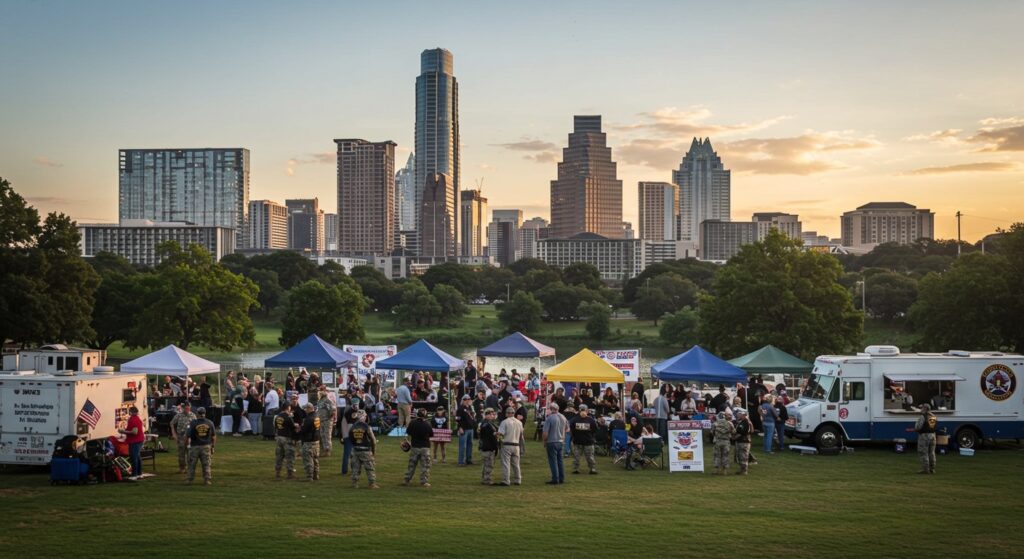 Austin, Texas skyline with veteran community events