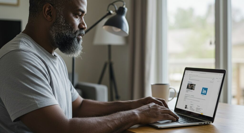Veteran professional using LinkedIn on laptop